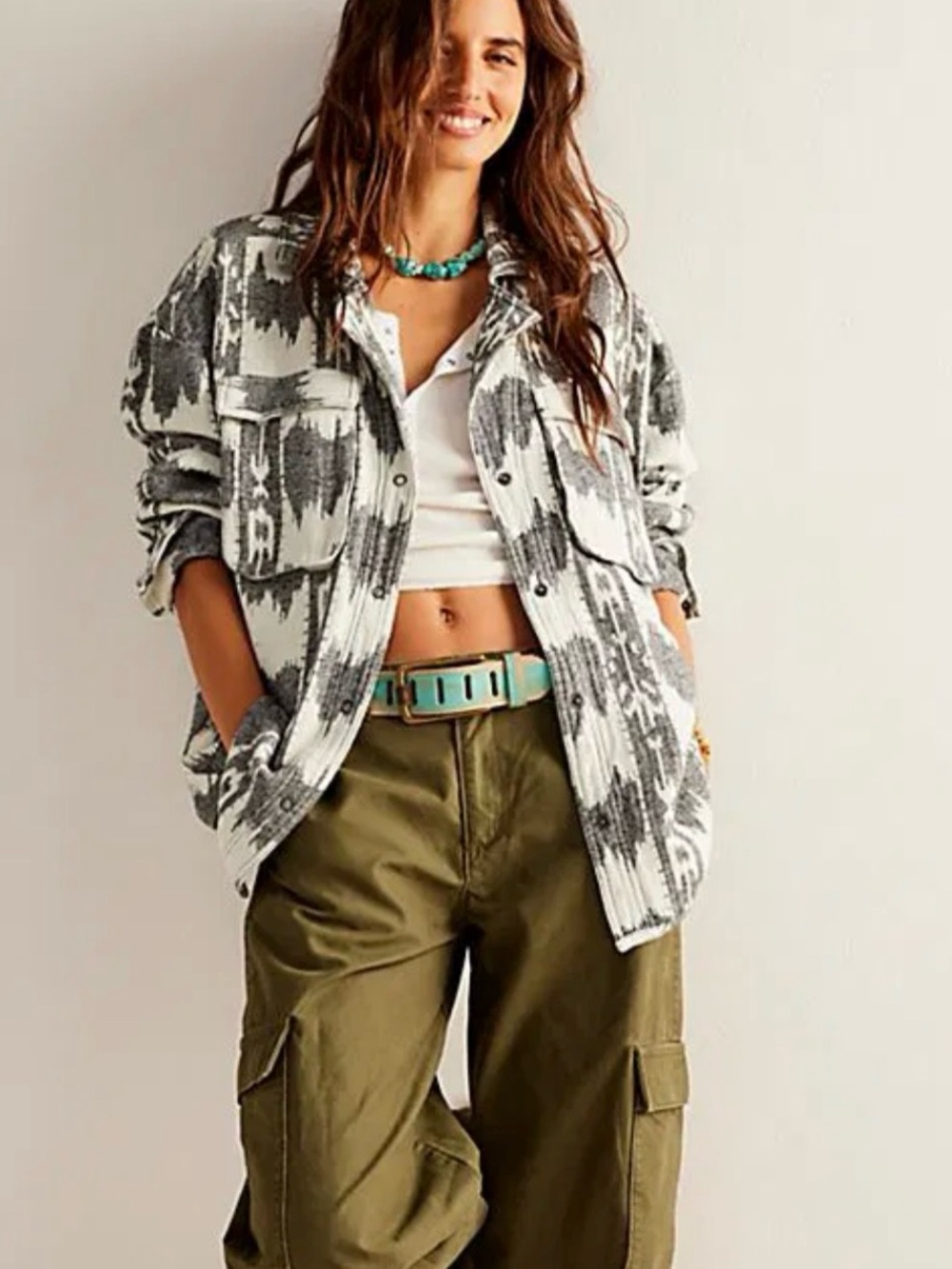 We The Free Gray & Cream Patterned Utility Jacket
